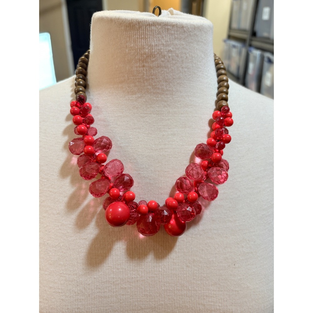 Hot Pink Chunky Faceted Bead and Wood Statement Necklace‎ 17-22 Inch Adjustable